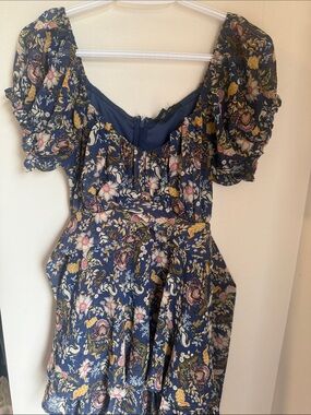 Forever 21 Navy Floral Puff Sleeve Mini Dress | Cottagecore Tie Waist